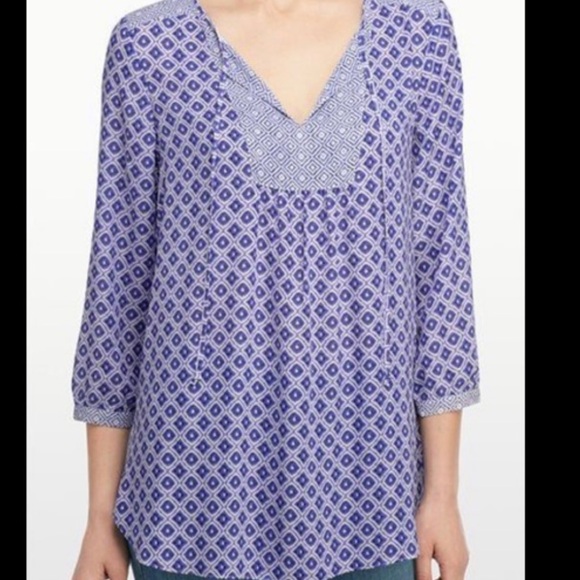 NYDJ Blue and White Bohemian‎ Block Print Style Blouse with 3/4 Sleeves Size 0X - Picture 1 of 7